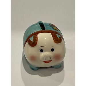 Vintage Ceramic Piggy Bank Coin Bank Teal White Brown Floral Decorative Accent